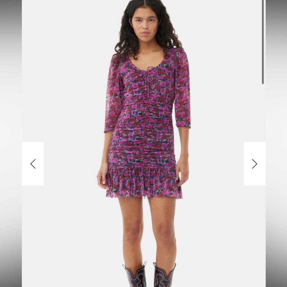 NWT GANNI mesh ruched mini dress in rose floral